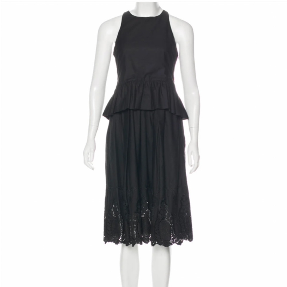 Thakoon crew neck peplum layered midi Crochet Trim Black Dress w/ pockets Size 0